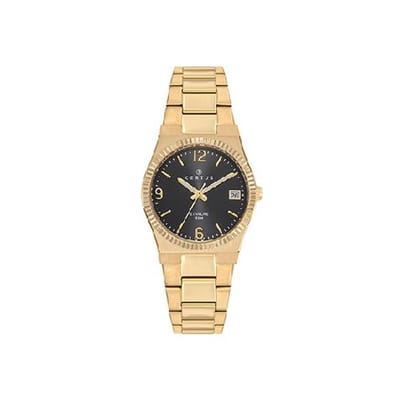 Certus-dameshorloge-model 630618-goudkleurig-datum-zwarte wijzerplaat-5 atm waterdicht-diameter 30 mm