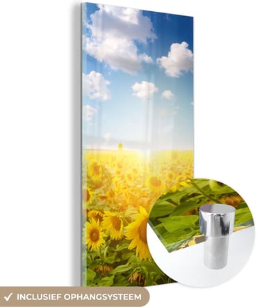 MuchoWow® Glasschilderij 20x40 cm - Schilderij acrylglas - Zonnebloem - Zon - Wolken - Foto op glas - Schilderijen