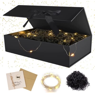 Vouwbare Cadeaubox met Deksel, Strikken, Magnetische Wenskaarten, Raffia Vulmateriaal en LED Sfeerverlichting voor Verjaardag, Bruiloft en Kerstmis