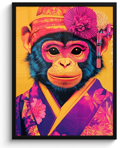 Poster in lijst - Fotolijst 50x70 cm - Posters - Aap - Kimono - Bloemen - Hoofdtooi - Posterlijst zwart - Decoratie - Wanddecoratie woonkamer - Muurdecoratie slaapkamer