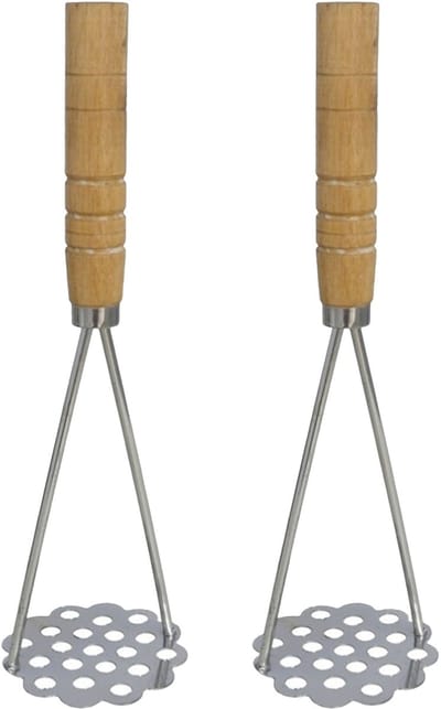 Gerimport Aardappelstamper/pureestamper - 2x - metaal/hout - keuken gerei - 25 cm