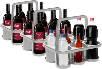 Novaliv 3x Flessendrager voor 18 Flessen - Stabiele Houding - Drankenmand Kunststof, Stapelbaar, 32x23x28cm Zilver - Ideaal voor Keuken & Kelder Drankenmand Bierdrager Drankendrager Flessendoos