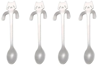 GELLDG 4 stuks koffielepels in de vorm van een kat - theelepels en dessertlepels - roestvrij staal - hangend ontwerp in de vorm van een kat - keukengadgets - hangende bekerlepels - geschikt voor thee, melk, koffie en milkshakes