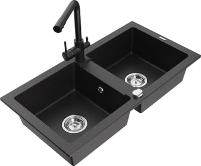 Mexen Mario granieten gootsteen met 2 kamers en Duero keukenkraan, zwart/zilver metallic - 6504-73-671600-70