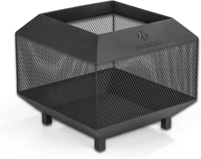 44 x 44 cm Solid Square Fire Pit - Powder-Coated Steel, Weatherproof and Stable - Spark Protection Grille and 4 Stable Legs [Black]