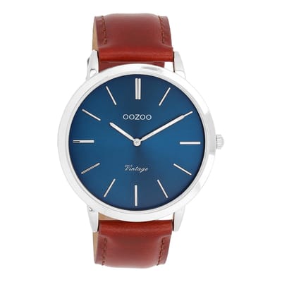 OOZOO Vintage series - Zilverkleurige horloge met bruine leren band - C20387