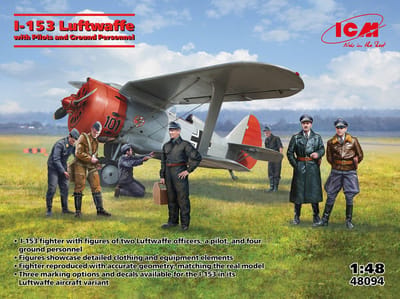 ICM Modelbouwpakket Vliegtuigen - 48094 Polikarpov I-153 Propeller Vliegtuig met Luftwaffe-piloten en Grondpersoneel Plastic - 1:35 - Modelbouw