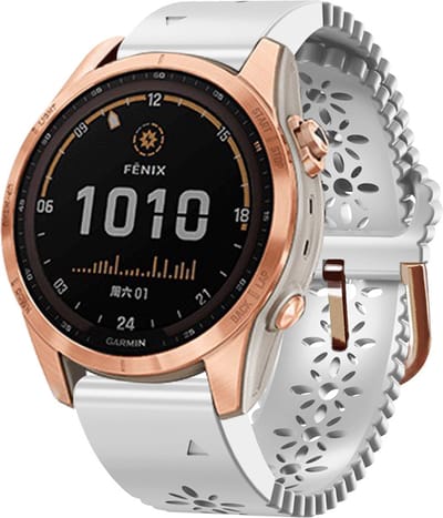Stravo Siliconen Horlogebandje voor Garmin Fenix 5S/5S Plus/5S Sapphire, 6S/6S Pro/6S Sapphire, 7S & 8 (43mm) – QuickFit 20 – Elegant Wit Bandje met Uitgehold Bloemenpatroon – Compatibel met Garmin Smartwatches
