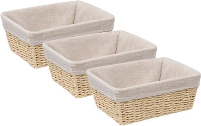5Five - 3x - Broodmand Bistro plus - gevlochten papier/stof - creme wit - 25 x 19 x 10 cm