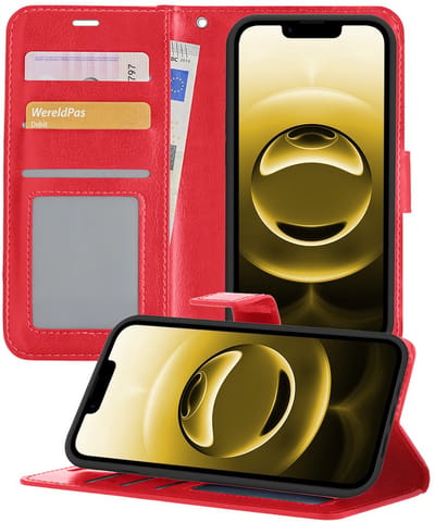 Hoesje - Met Pasjeshouder - Geschikt voor Apple iPhone 16e - Luxe Bookcase Portemonee - Flip Case - Kunstleer Book Case - Flipcase - Book Cover - Walletcase - Portemonneehoes - Telefoonhoesjes - Rood