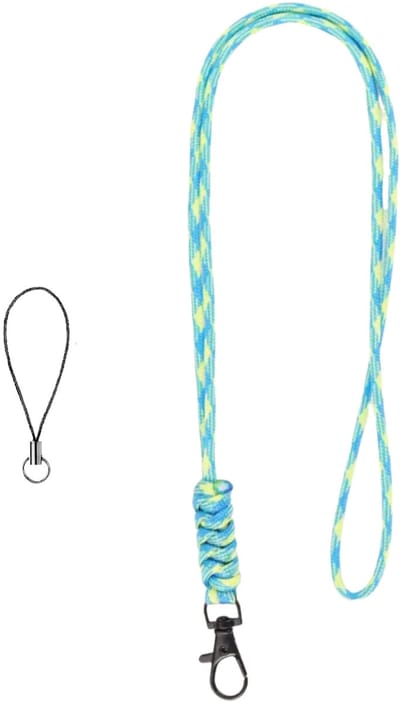 Travel Cords - keycord geknoopt turquoise-geel - paracord - zwarte karabijnhaak - sleutels en telefoon - lanyard - met telefooncord - sleutelkoord