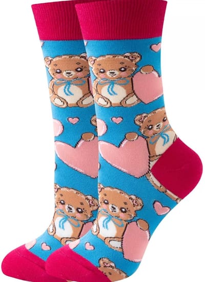 Dames sokken - blauw - roze - wit - leuke print beer - hart - hartjes - 36 - 40 - cadeau voor haar - geschenk vrouwen sokken - Kersta cadeau - verjaardagscadeu