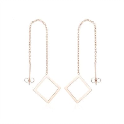 Aramat Jewels | Oorhangers | RVS Ruit Doortrek Oorbellen met Kettinkje - Geometrische Hangers | Rosékleurig | | | | Volwassenen | Verkleurd niet