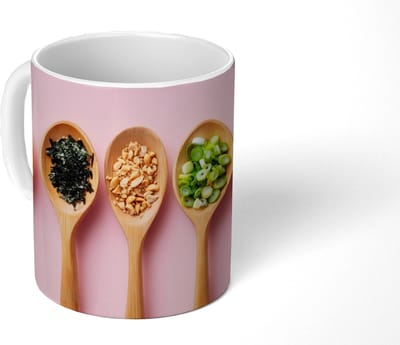 Mok - Koffiemok - Ingrediënten - Lepels - Hout - Roze - Mokken - 350 ML - Beker - Koffiemokken - Theemok