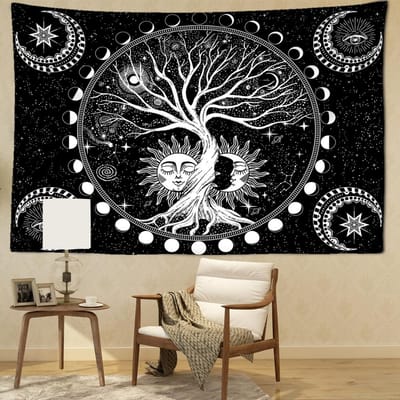 Maanfase Levensboom Wandkleed Abstracte Zon en Maan Kunst Hippie Tapijt Hekserij Mysterieuze Slaapzaal Huisdecoratie 95x73CM