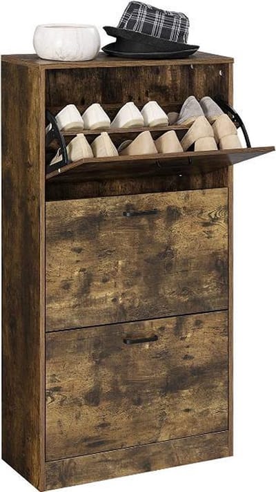 MIRA Home - Schoenenkast - Schoenenkast met 3 draaideuren - Industrieel - Spaanplaat - Rustiek bruin - 60x24x120