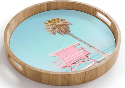 Dienblad rond 40x40 cm - Schootdienblad hout - Palmboom - Strandhuis - Roze - Borrelplank rechthoek - Plateau houten dienbladen