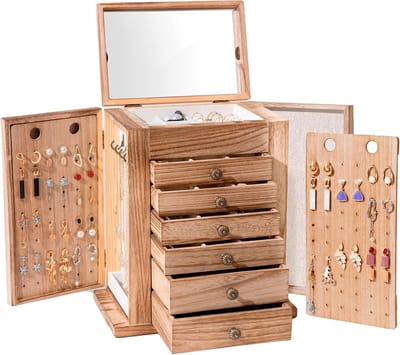 Juwelendoos Hout - Sieraden Opberger - Sieraden Organiseren - 7 Niveaus Met Spiegel - 28 x 33 cm - Natuurlijk