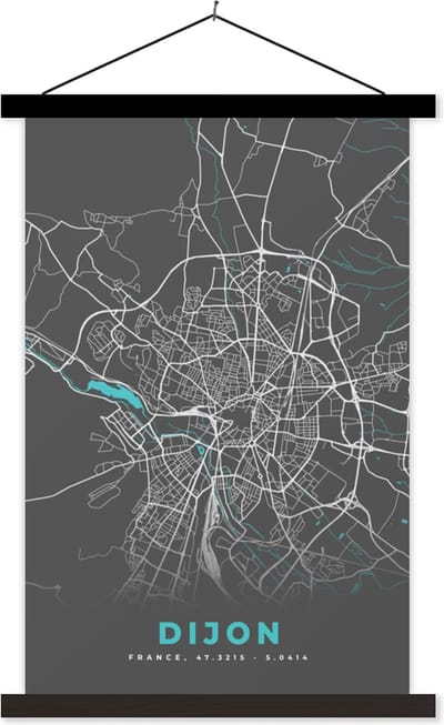 Posterhanger incl. Poster 40x60 cm - Schoolplaat - Dijon - Frankrijk - Kaart - Stadskaart - Plattegrond - Textielposter - Zwarte latten - Stadskaart