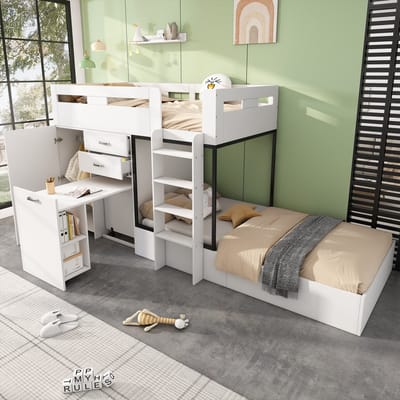 Sweiko Stapelbed - 90 x 200 cm - met Uitschuifbaar bureau - Kledingkast - 2 lades - Wit