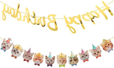 Vrolijke Verjaardagsbanner Set voor Katten, 10 Schattige Kattengezichten met Versiering, Feestdecoratie en Pennantketting voor een Thema Verjaardagsfeest
