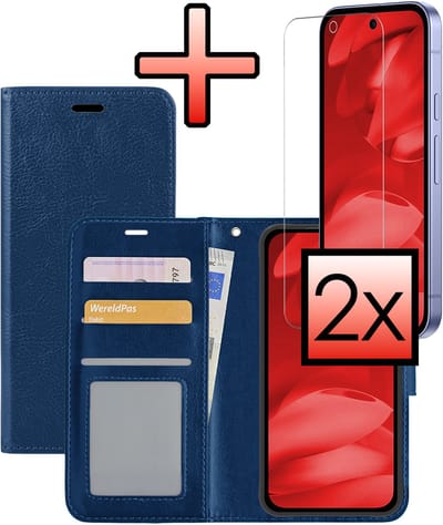 Hoesje - Met 2x Screenprotector - Geschikt voor Google Pixel 9a - Luxe Pasjeshouder - Bookcase Portemonee - Flip Case - Kunstleer Book Case - Flipcase Hoes - Book Cover - Walletcase - Portemonneehoes - Donkerblauw