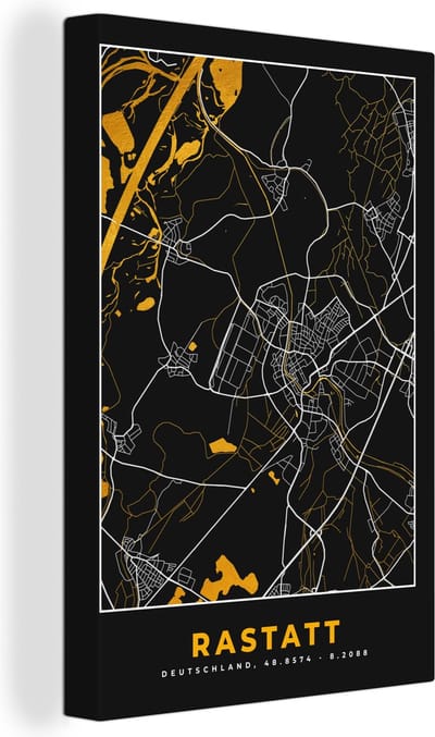 Canvas Schilderij Duitsland – Black and Gold – Rastatt – Stadskaart – Kaart – Plattegrond - 20x30 cm - Wanddecoratie
