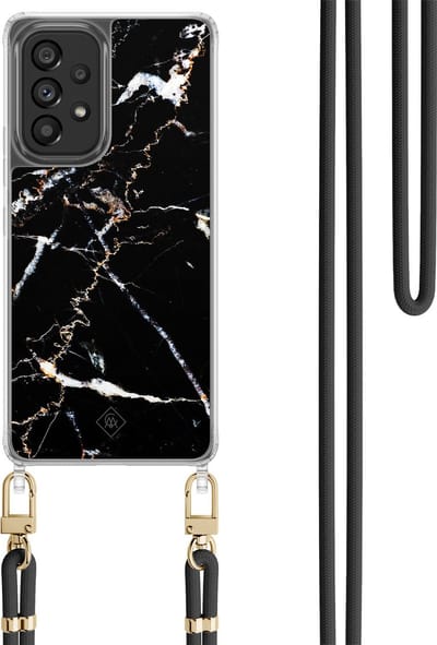 Casimoda® hoesje met koord - Geschikt voor Samsung A53 - Marmer Zwart - Afneembaar koord - TPU/polycarbonaat - Zwart