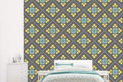 Behang - Fotobehang Design - Ruit - Bloemen - Grijs - Breedte 315 cm x hoogte 260 cm