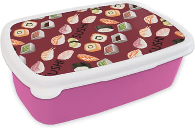 Broodtrommel Roze - Lunchbox - Brooddoos - Patroon - Sushi - Japan - Quotes - 18x12x6 cm - Kinderen - Meisje