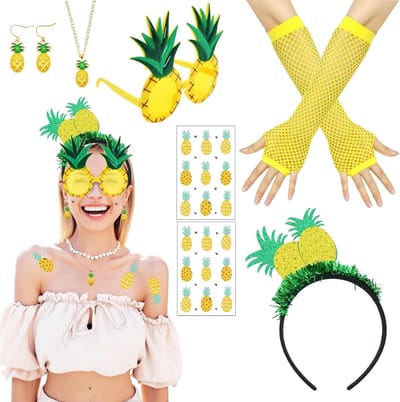 Vrouwelijk Ananas Kostuum Set met Ananas Bril, Haarbanden, Oorbellen en Kettingen voor Carnaval en Themafeesten
