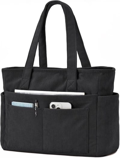 oscaurt Corduroy tas voor dames, 13 vakken, handtas, shopper, grote werktas met laptopvak en ritssluiting, opvouwbare schoudertas, tote bag, strandtas voor school, werk, reizen