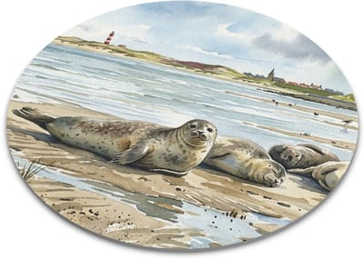 "Aquarel Series" Muismat Zeehond op het Strand – Waddeneilanden Landschap met Vuurtoren & Duinen – Origineel Cadeau voor haar: Vrouw, Vriendin & Collega – Maritieme Bureau Decoratie – Artistieke Ronde Mousepad Kust en Zee