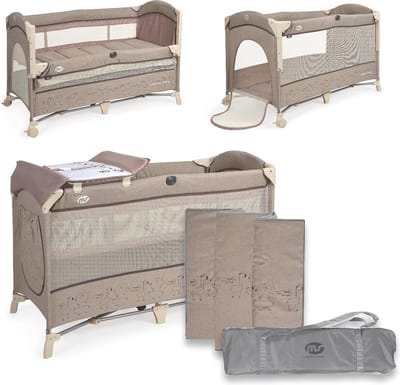2-in-1 Reisbed en Kinderbed - Opvouwbaar en Draagbaar, Uniseks, Beige met Aankleedkussen en Vliegengaas