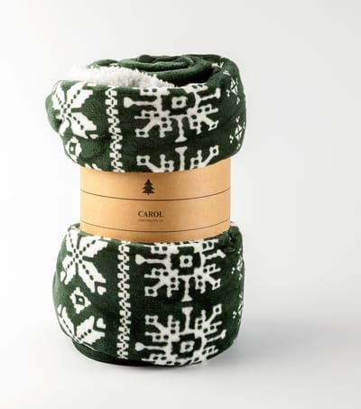CAROL - plaid 150x200 cm - sherpa fleece deken - nordic print - Mountain View - groen