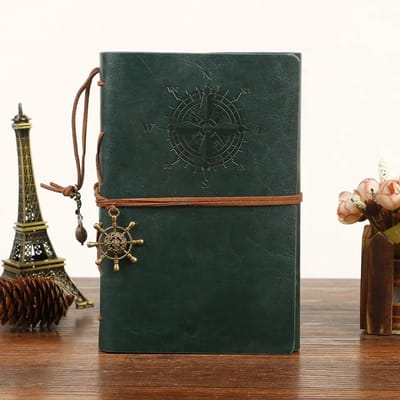 KELERINO. vintage lederen notitieboek met windroos - Groen