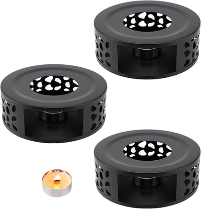 3-Pack 15cm Theepot Warmhouder met Teelicht Houder en Holle Frame Ontwerp, RVS Warmhoudbasis voor Theesets, Koffie en Hittebestendige Schalen, Zwart
