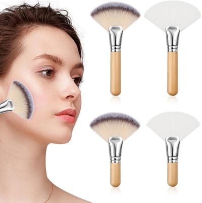 4PCS Gezichtsborstels - Fluffy Fan Brushes voor Facials - Houten Handgreep - Professionele Make-up Tools