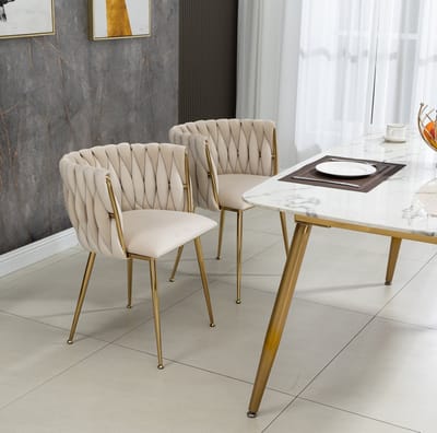 DESMIU Eetkamerstoel Set Van 2 - Kuipstoel Met Armleuningen En Gouden Metalen Poten - Voor Eetkamer, Woonkamer En Slaapkamer - Velvet Ivory