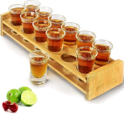 Set van 12 Shotglazen met Tray - 30ml/1oz Dikke Basis Helder Glas voor Feest, Bar en Clubgebruik