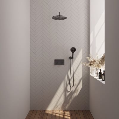 Brauer Gunmetal Carving thermostatische inbouw regendouche met drukknoppen SET 58 met 30 cm douchekop en gebogen muurarm en 3-standen handdouche en doucheslang en wandaansluitbocht gunmetal geborsteld PVD