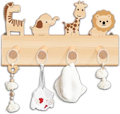 Houten Kinderjassenrek met 4 Haakjes voor Wanddecoratie, Dierenmotieven, Ideaal voor Kinderkamer en Kraamcadeau, 40 x 25 cm
