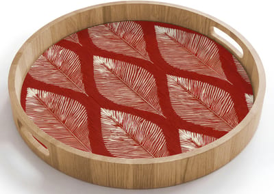 Dienblad rond 40x40 cm - Schootdienblad hout - Bladeren - Rood - Elegant - Borrelplank rechthoek - Plateau houten dienbladen