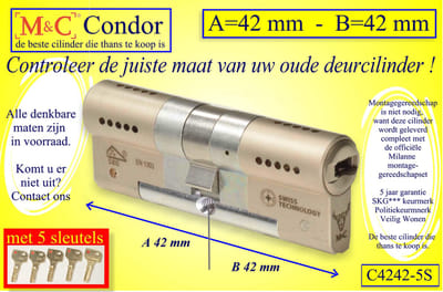 M&C Conder high-tech security deurcilinder 42x42 mm MET 5 SLEUTELS - SKG*** - Politiekeurmerk Veilig Wonen  -  inclusief MilaNNE gereedschap montageset