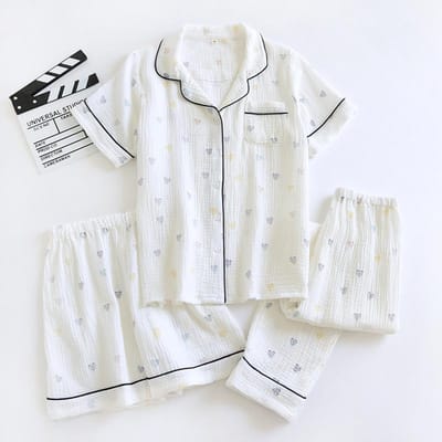 Nieuwe Zomer Dames Pyjamaset 100% Katoen Crêpe Korte Mouwen+Shorts+Broek Drie Delig Casual Dames Homewear Slaapkleding XL