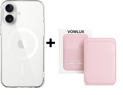 VOWLUX Compatible MagSafe Hoesje voor iPhone 16 Plus Transparant – Inclusief Roze Wallet Pasjeshouder – 24 Magneten – Kunstleer – 3 Kaarten – Shockproof Case