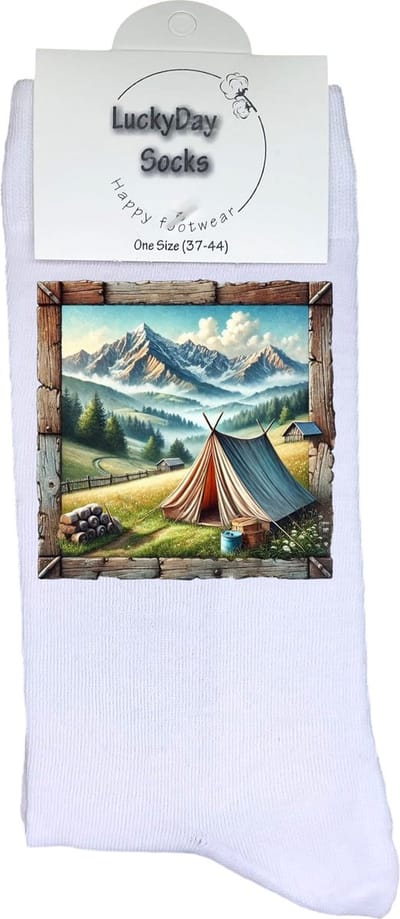 Tent - Opkikkertje - Stenenlijst - Grappige sokken - Valentijn cadeau - Verjaardag cadeau - Kerst cadeau - Grappige sokken - Leuke sokken - Natuur - Bergen - Vrolijke sokken - Kerst sokken - Vaderdag - Moederdag - Socks maken Happy - 37-44