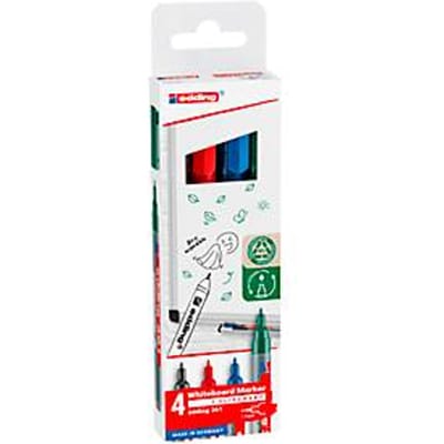 edding 361 whiteboard marker set met 4 kleuren - zwart, rood, blauw, groen - ronde punt 1 mm - ook geschikt voor flipover papier - navulbaar - cap-off technologie
