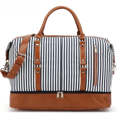 Gestreepte Waterdichte Canvas Handbagage Tas Enkele Schouder Reistas met PU Reistas voor Sportkleding Riem Schoenenopslag