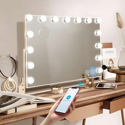 Bluetooth Hollywood Mirror met 15 LED Lights - Make-up Spiegel met Verlichting en Bluetooth - 360° draaibaar - Cosmetische Spiegel Verlichting - USB voor Slaapkamer